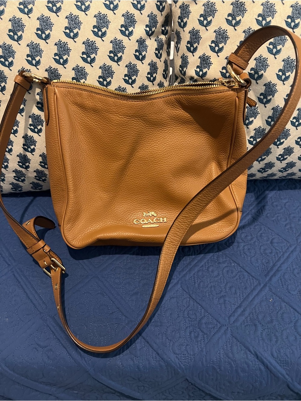 Coach Tan Pebbled Leather Crossbody Bag with Gold Hardware
